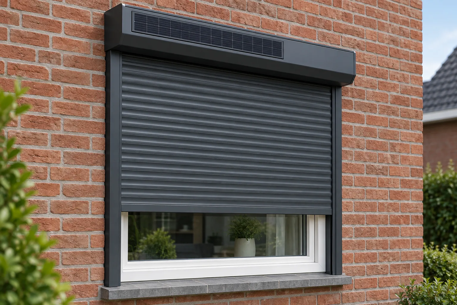 Een antraciet solar rolluik met zichtbaar zonnepaneel op de kast